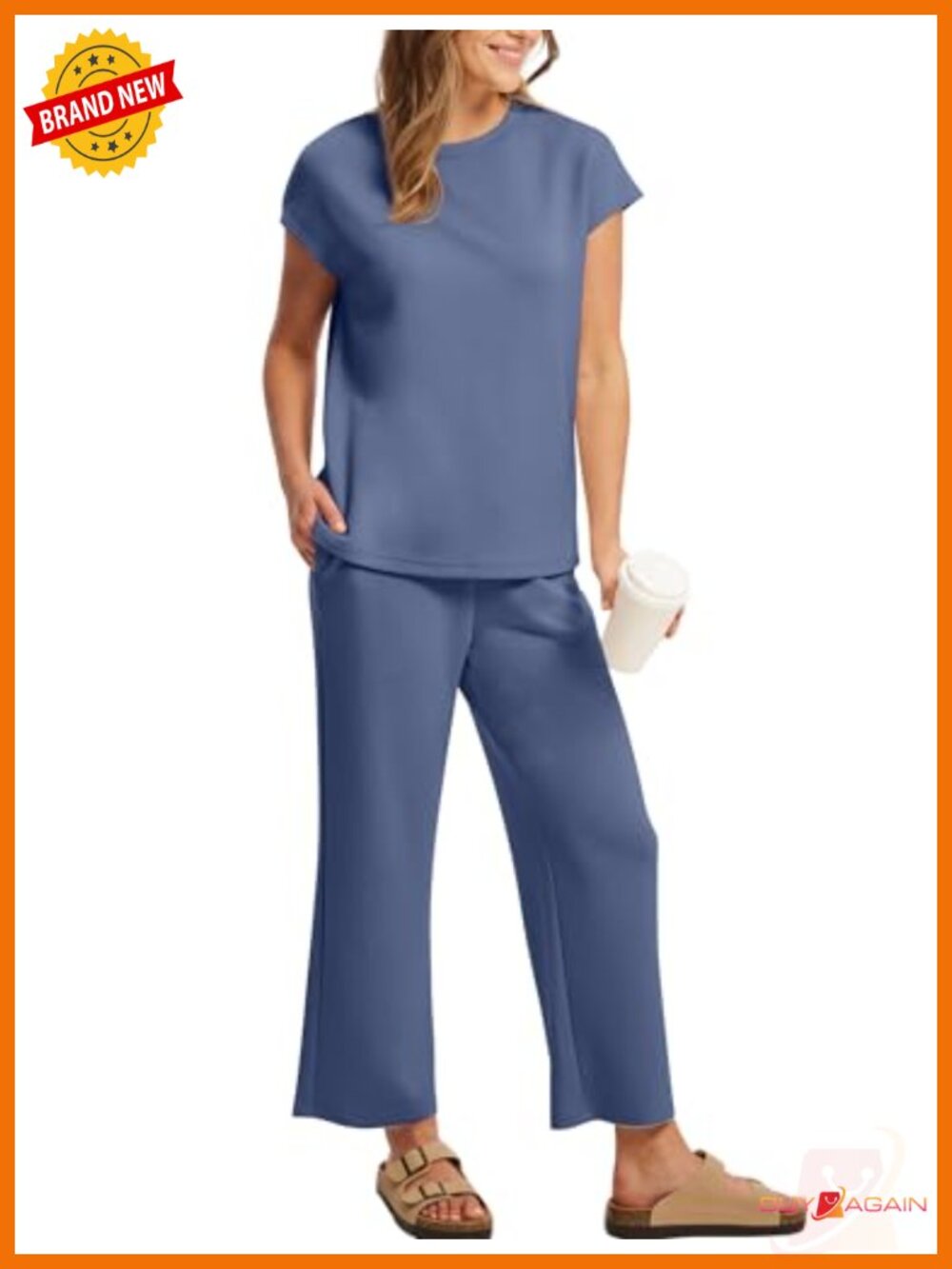 Two Piece Lounge Set Cap Sleeve Wide Leg Crop Pants - Picture 3 of 6